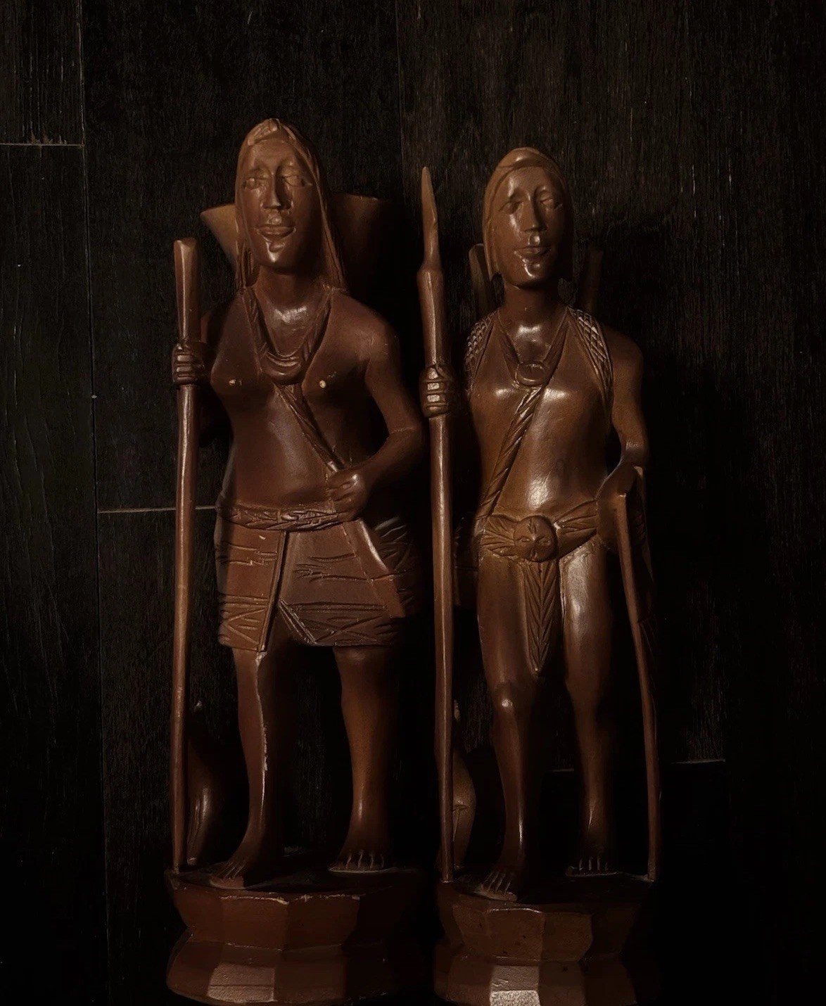 Vintage Pair Hand-Carved Wood Native American Figures 12”