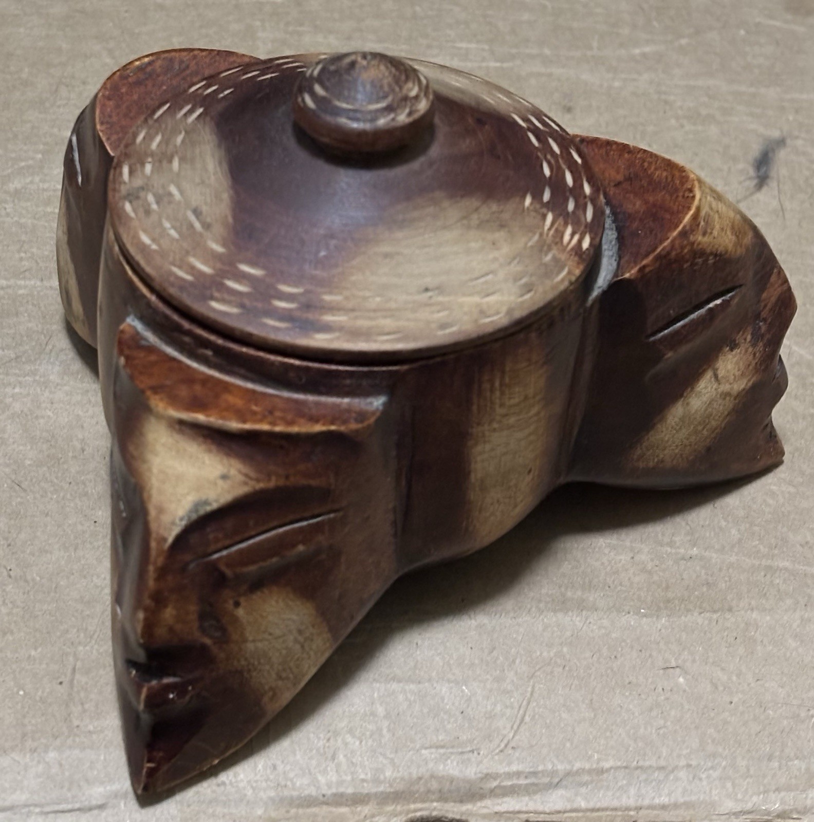 Hand Carved Monkeypod Wood Bowl – 3 Faces Tribal Folk Art - photo 2