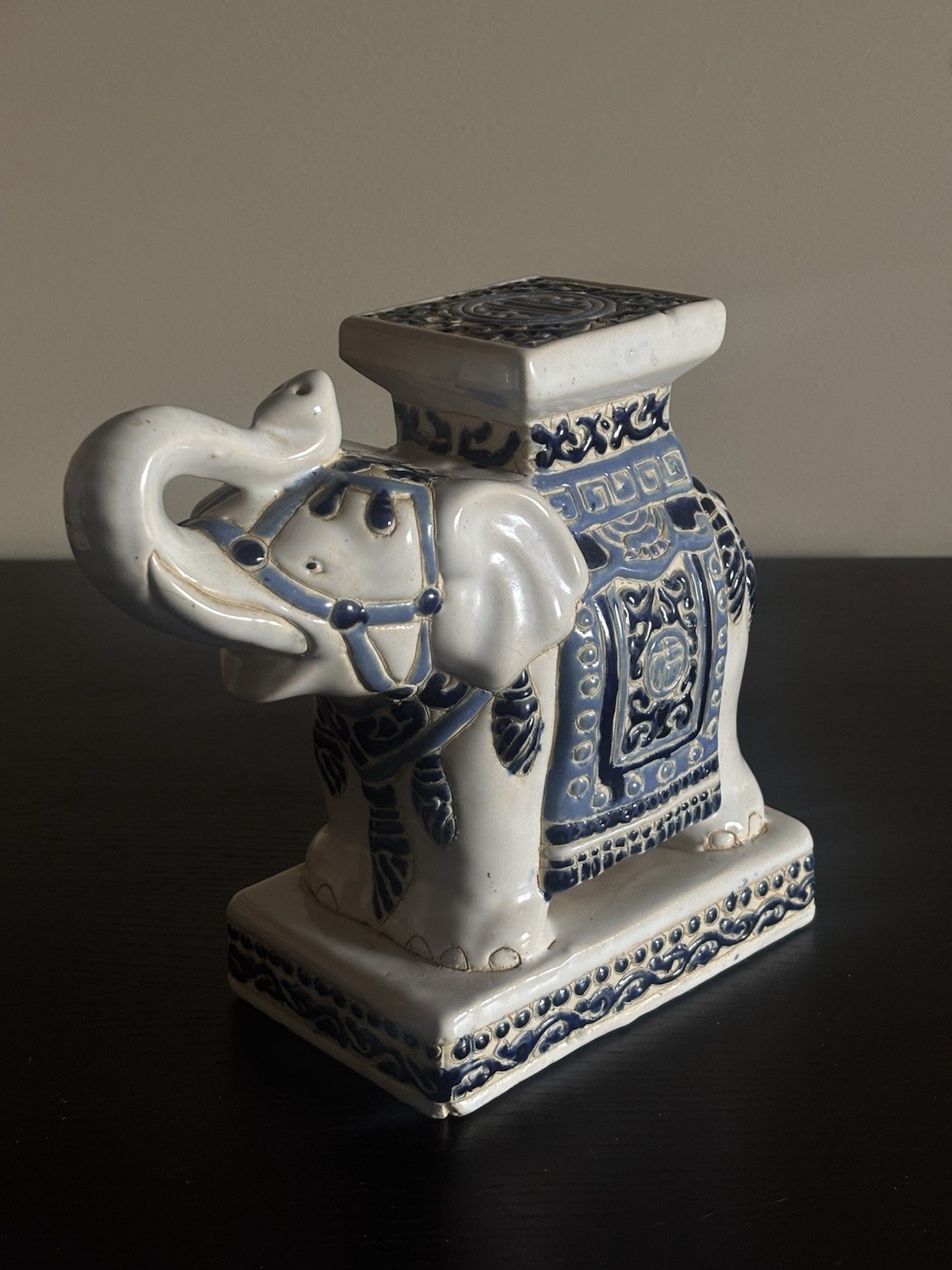 Blue and White Ceramic Elephant Garden Stool or Drink Table