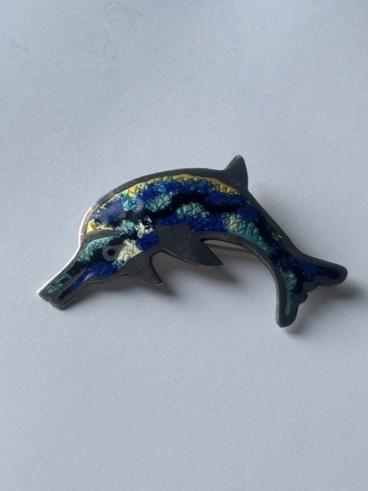 925 Sterling silver brooch dolphin enamel rare Mexico art