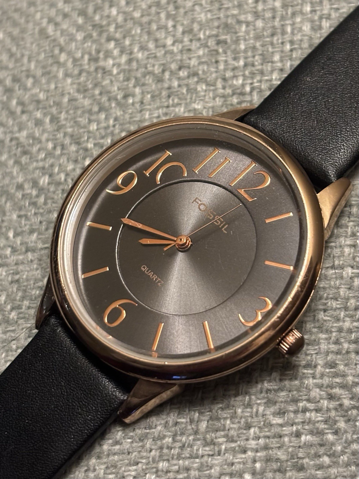 Fossil Quartz Watch Black Faux Leather Rose Gold Tone