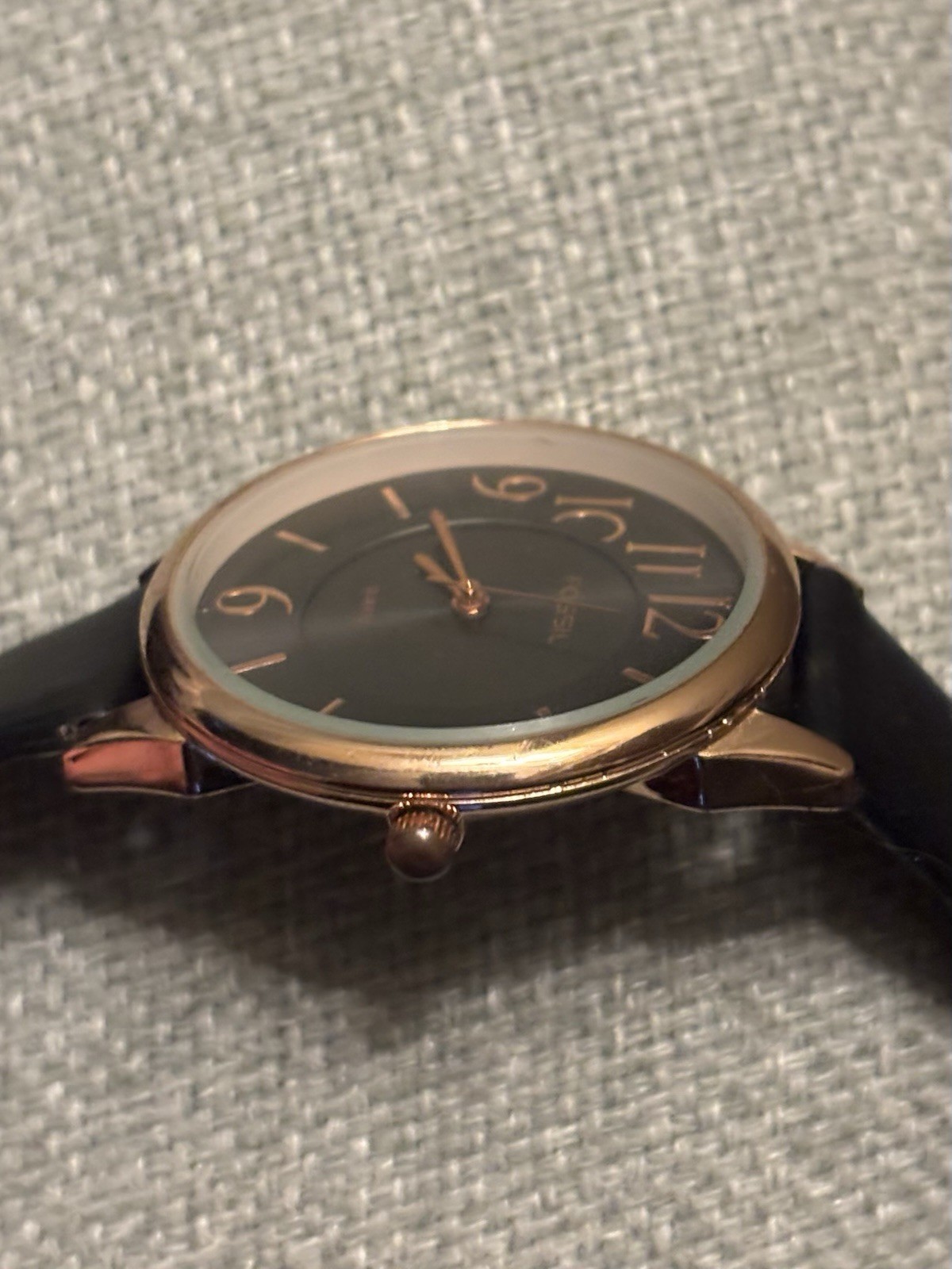 Fossil Quartz Watch Black Faux Leather Rose Gold Tone - photo 3