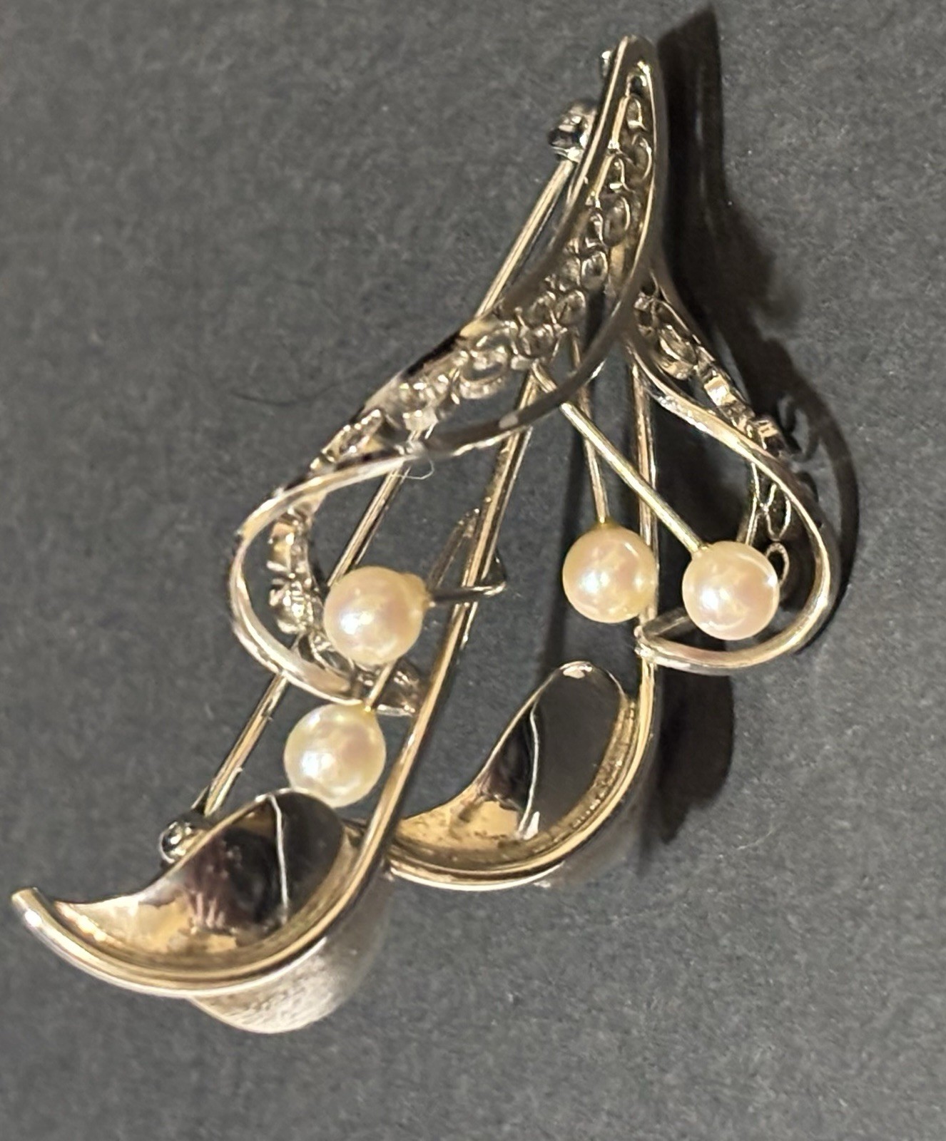 925 Sterling Silver Vintage Real Pearl Filigree Floral Brooch - photo 2