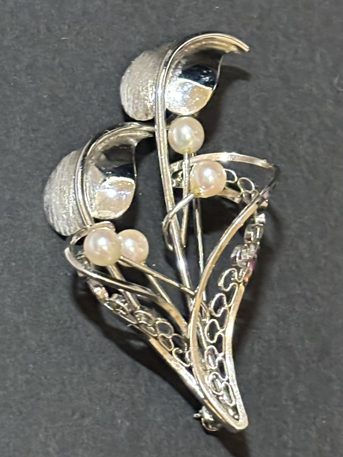 925 Sterling Silver Vintage Real Pearl Filigree Floral Brooch - photo 3