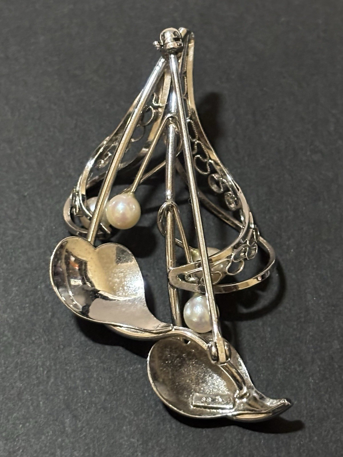 925 Sterling Silver Vintage Real Pearl Filigree Floral Brooch - photo 4