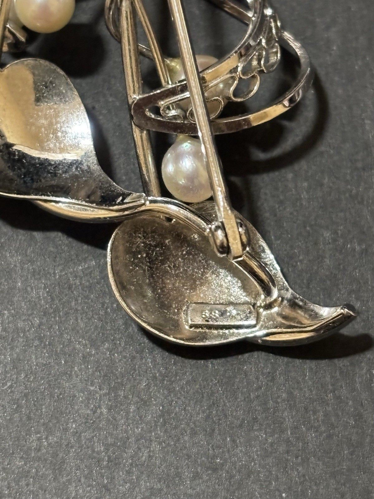 925 Sterling Silver Vintage Real Pearl Filigree Floral Brooch - photo 5