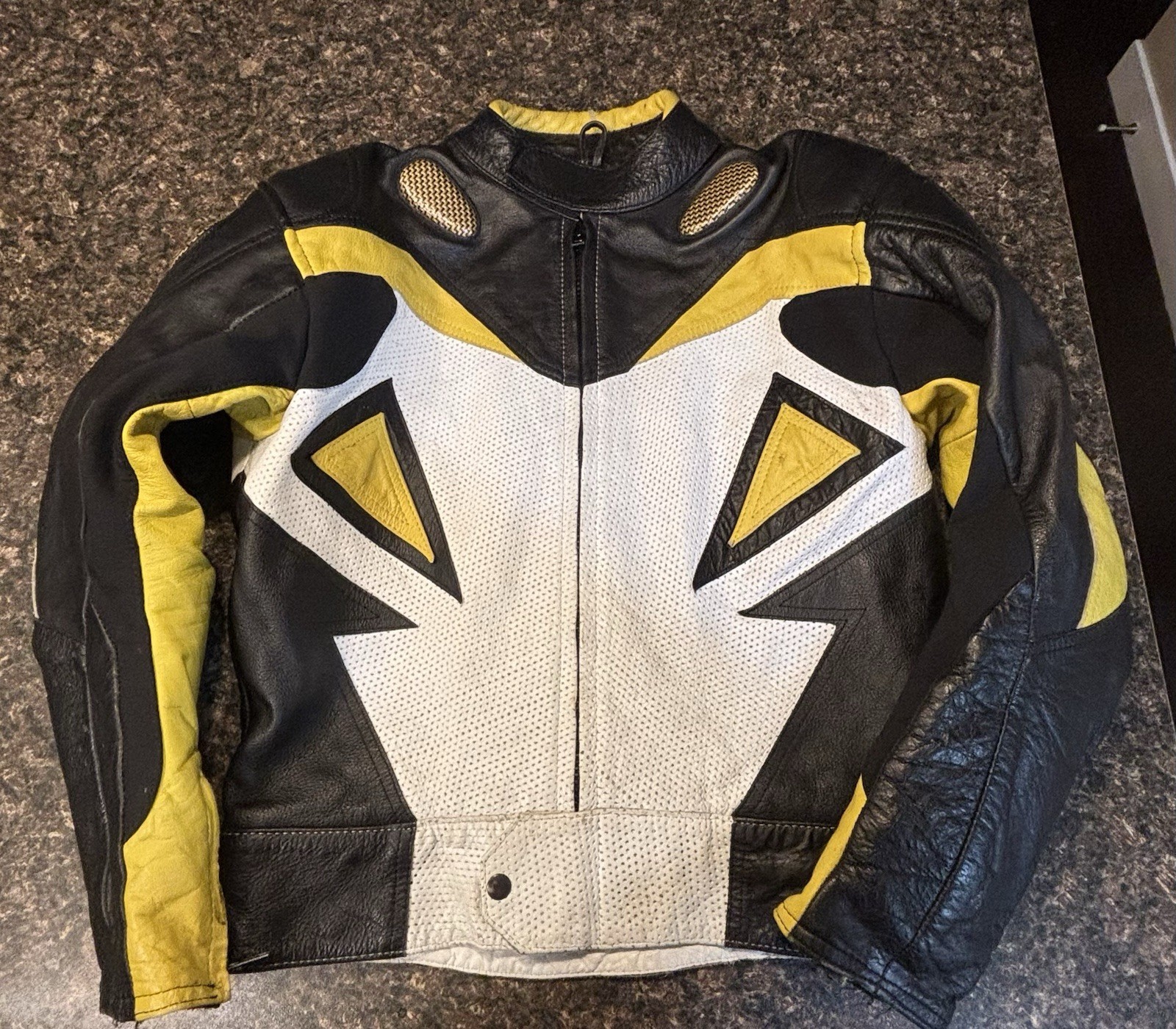 Men's Motorcycle Armoured Black Yellow White Leather Jacket M