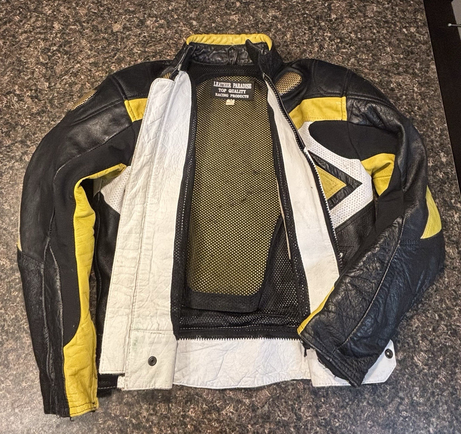 Men's Motorcycle Armoured Black Yellow White Leather Jacket M - photo 3