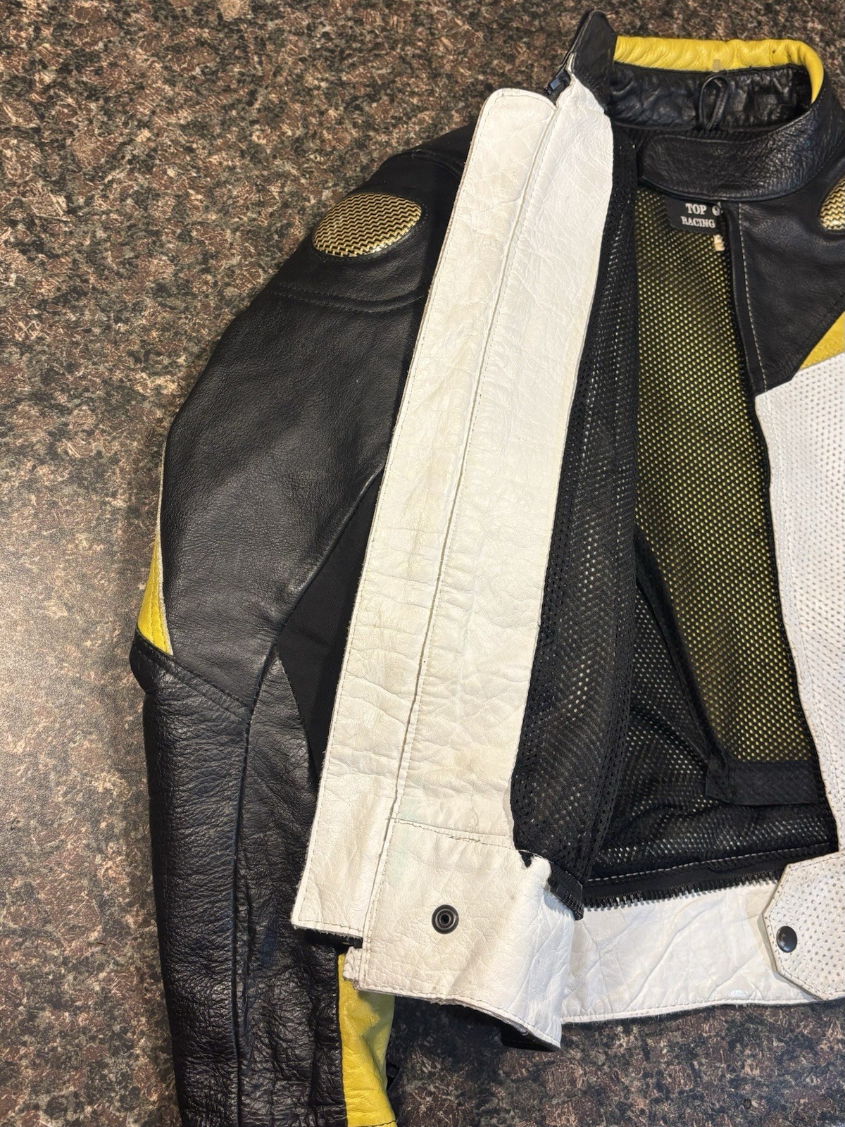 Men's Motorcycle Armoured Black Yellow White Leather Jacket M - photo 5