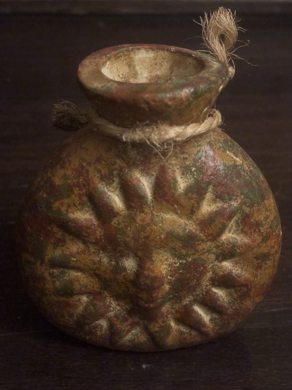 Mexican Art Pottery Clay Sun face jug featuring a rustic, weathe