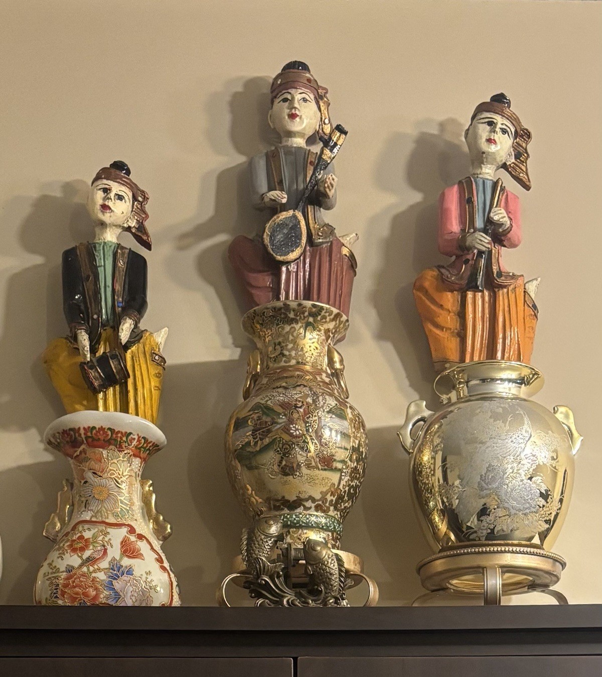 3 Vtg 10" Folk Wood Hand Carved Figures Thailand Music Wall hang