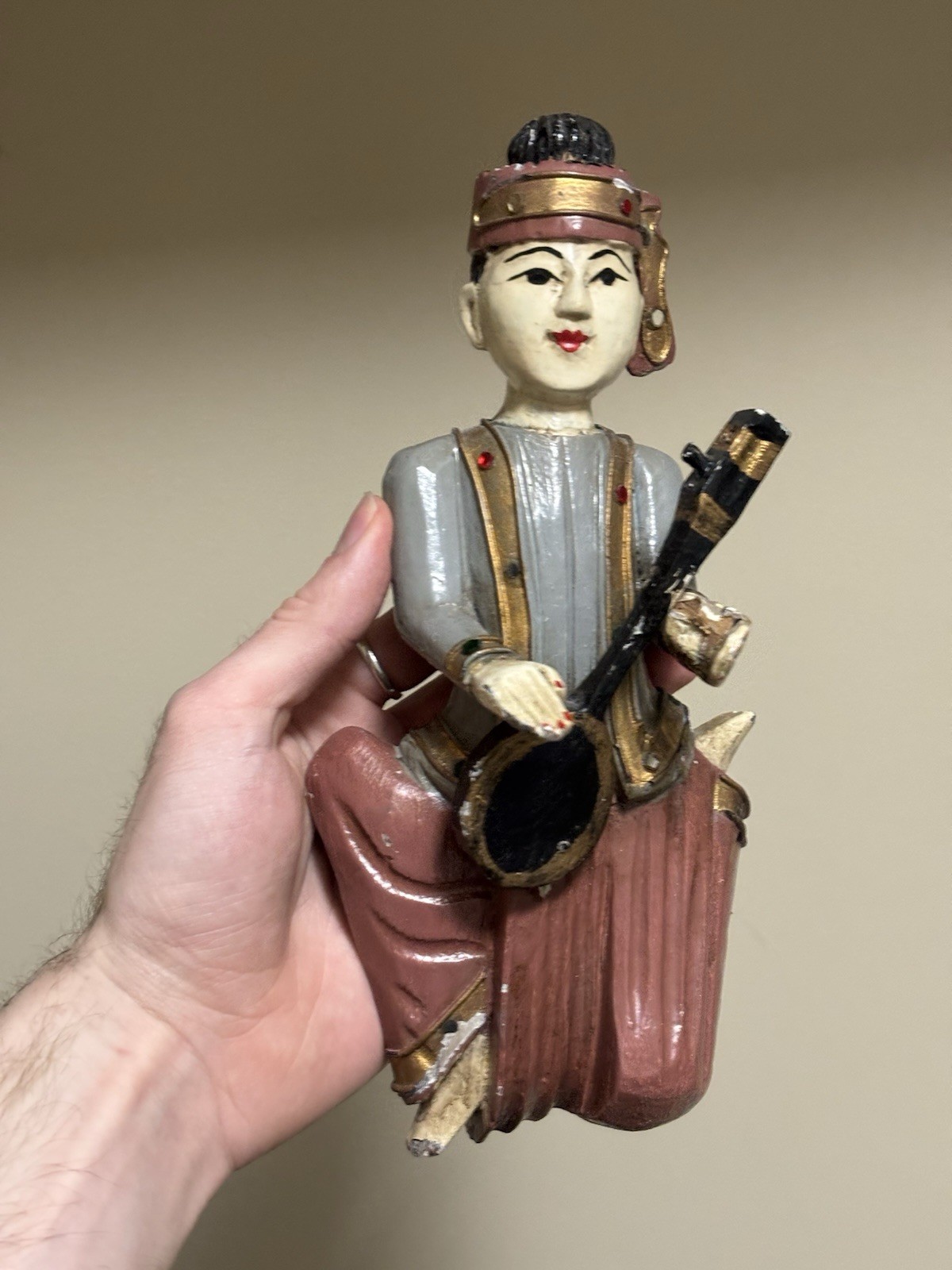 3 Vtg 10" Folk Wood Hand Carved Figures Thailand Music Wall hang - photo 2