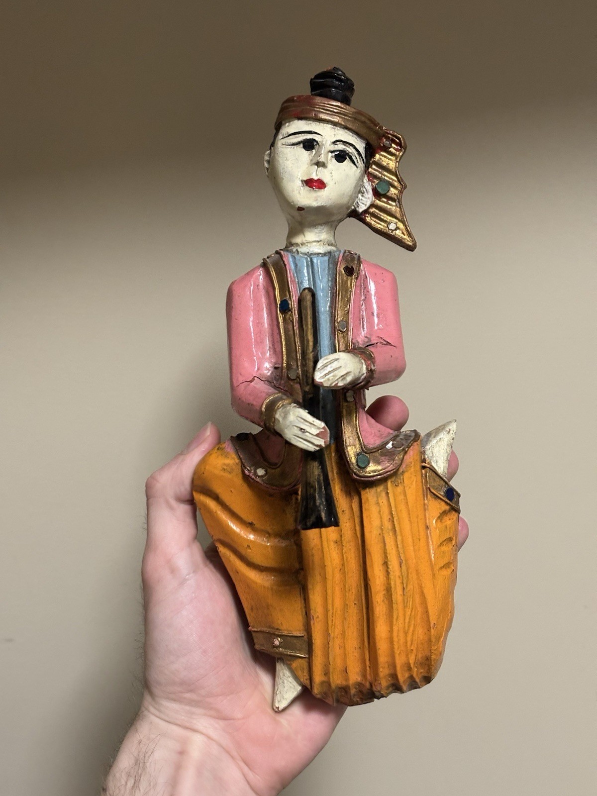 3 Vtg 10" Folk Wood Hand Carved Figures Thailand Music Wall hang - photo 3