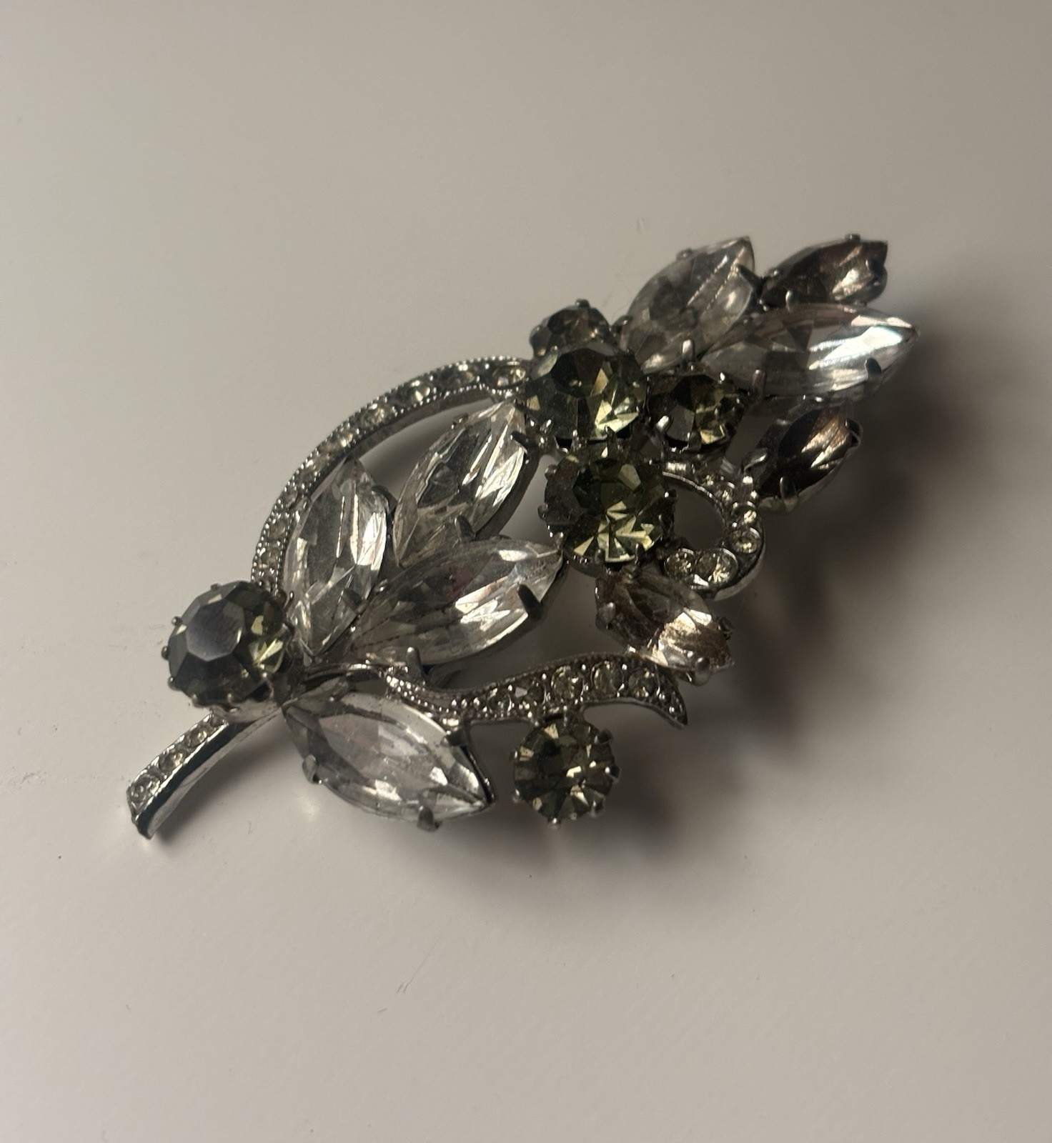 Vtg Smoky Marquise Flower Rhinestone Floral Brooch Pin