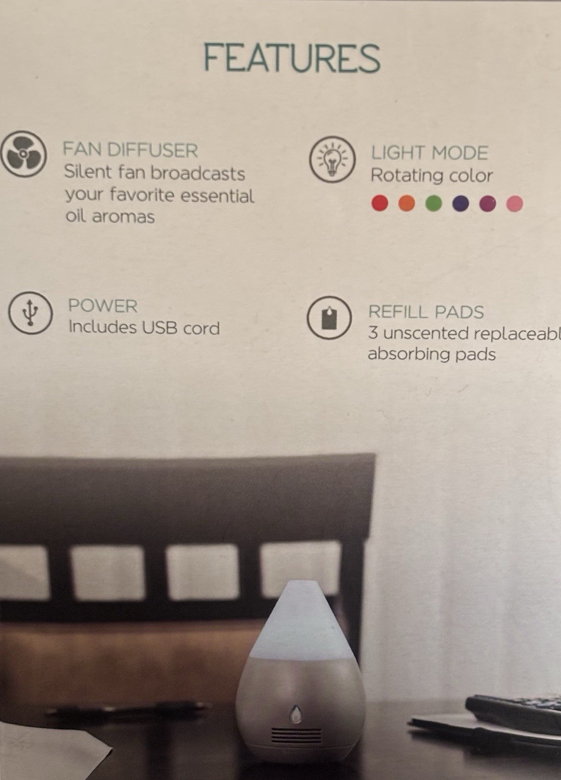 Sparoom Essential Oil Mini Fan Diffuser w/ Light Mode, USB Cord - photo 2