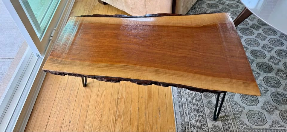 Live edge solid wood coffee table with hairpin legs