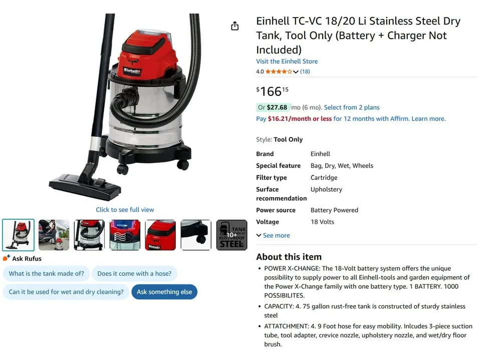 Einhell 18V Cordless Wet/Dry Vacuum - 4.75 Gallon image indicator(2)