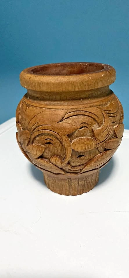 Hand Carved Balinese Wooden Vase Intricate Floral Design