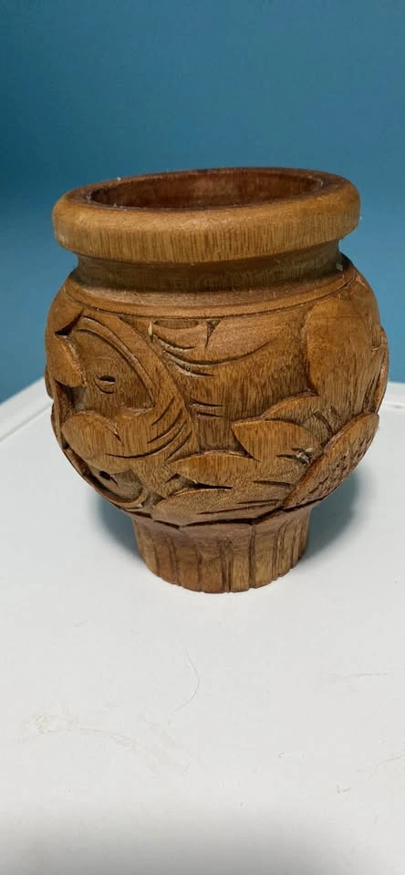 Hand Carved Balinese Wooden Vase Intricate Floral Design - photo 2