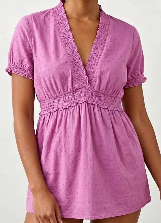 Purple Dotty Smocked V-Neck Top Small