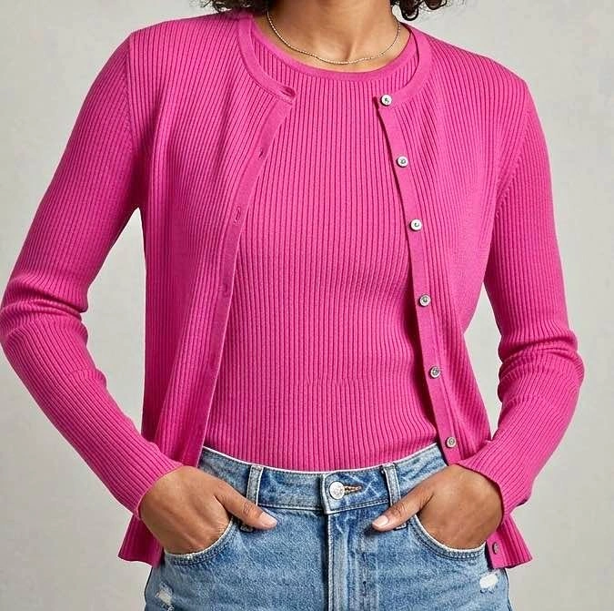 Pink Ribbed Cardigan and Top Set XS