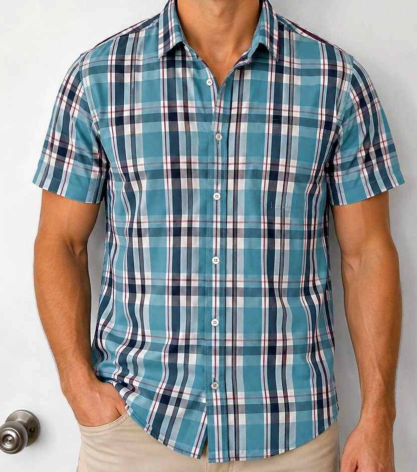 Men's Plaid Short Sleeve Button-Up Shirt Medium Slim fit