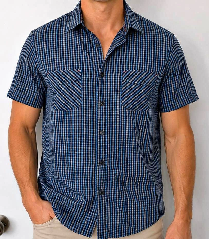 Men's Blue Checkered Short Sleeve Shirt Medium Slim fit