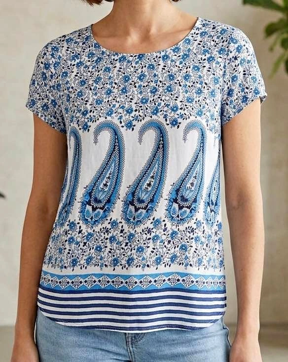 Blue and white paisley print short sleeve blouse and red top