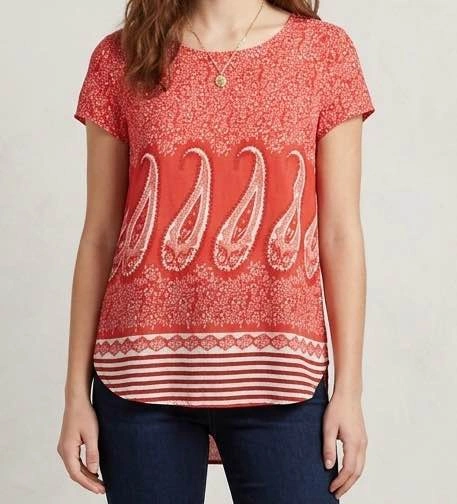 Blue and white paisley print short sleeve blouse and red top - photo 2