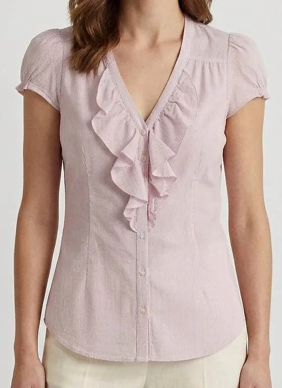 Pink Striped Ruffled Blouse XS
