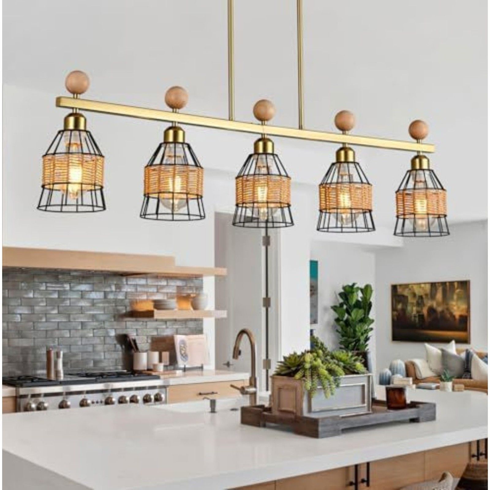 Open Box 5-Light Brushed Gold Farmhouse Island Chandelier