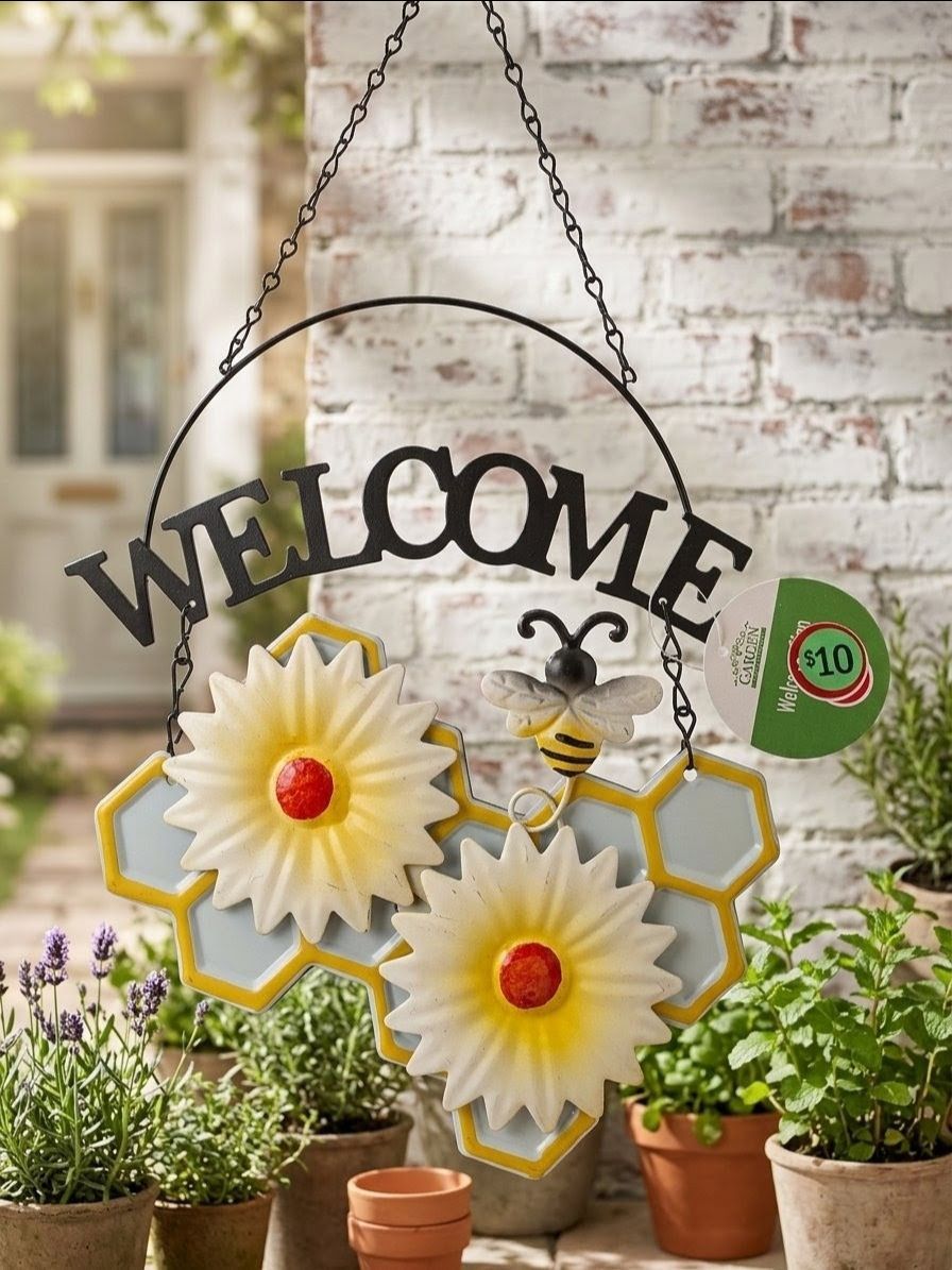 Metal Welcome Sign Hanging Garden Decor Honeycomb Bumble Bee - photo 4