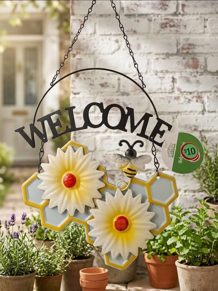 Metal Welcome Sign Hanging Garden Decor Honeycomb Bumble Bee - photo 4