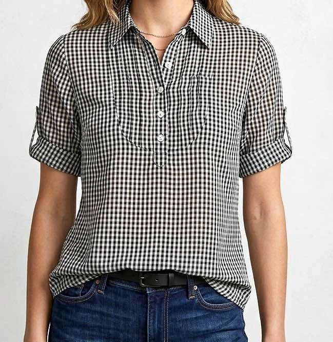 Black and White Gingham Sheer Short Sleeve Shirt Small