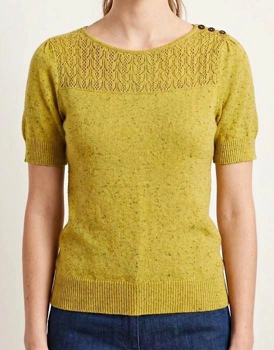 Yellow Short Sleeve Knit Sweater with Buttons Small