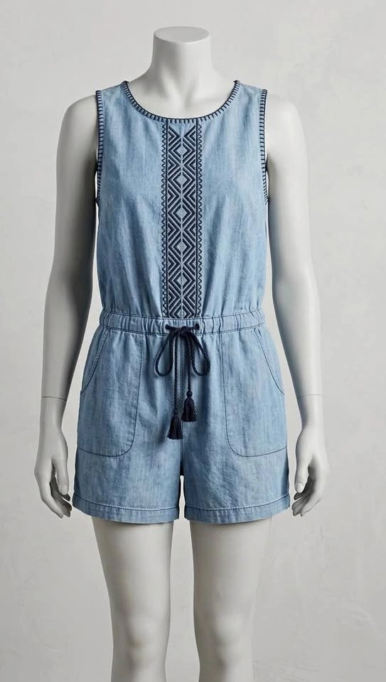Embroidered Denim Romper XS
