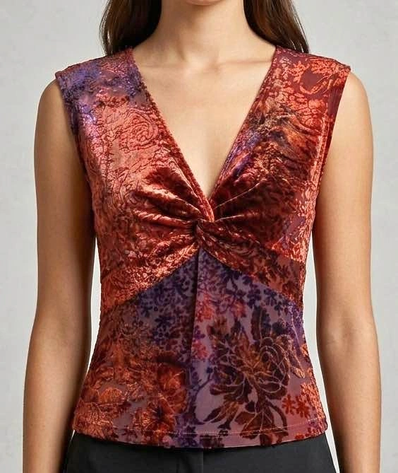 Velvet Burnout Floral Twist Front Top XS