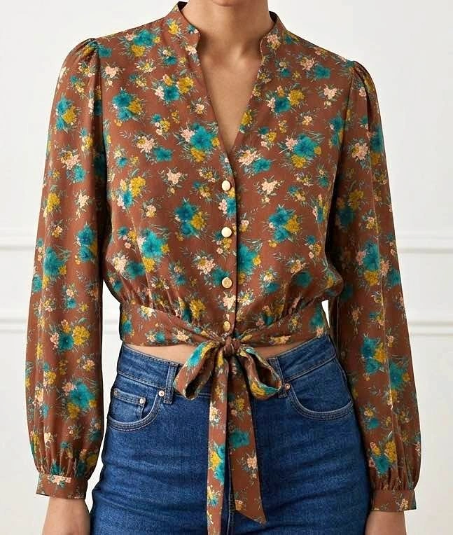 Brown Floral Tie-Front Blouse -Small