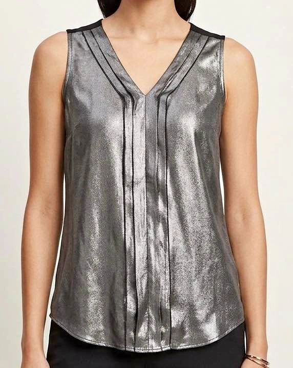 Silver Sheer Metallic Pleated V-Neck Sleeveless Top XS
