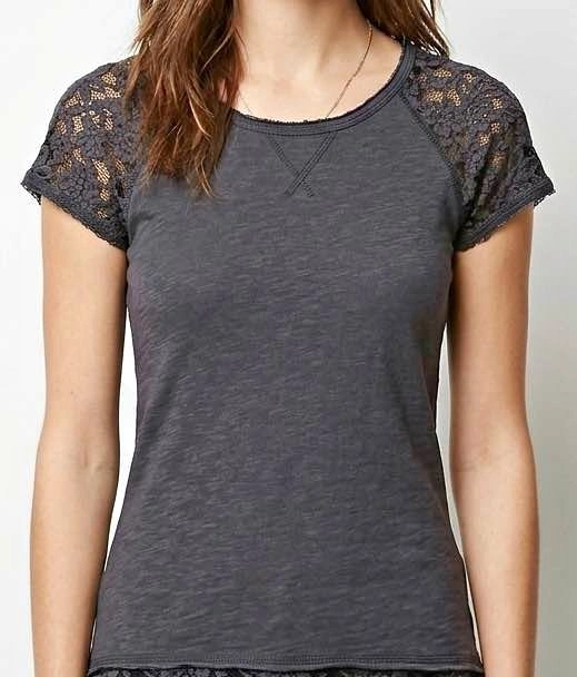 Women's Grey Lace Sleeve T-Shirt XS