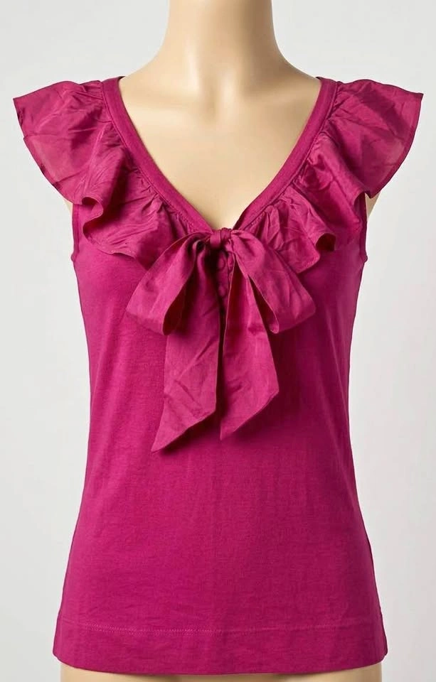 Women's Pink V-Neck Ruffle Bow Top XS
