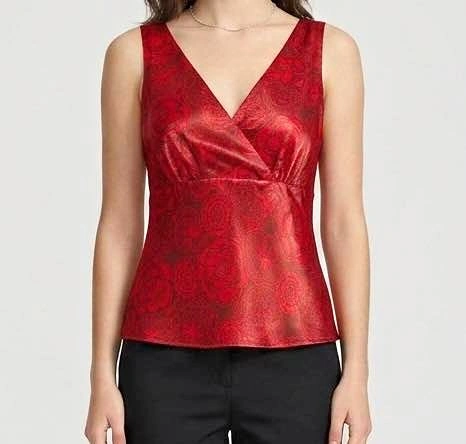 Red V-neck Satin Sleeveless Blouse XS