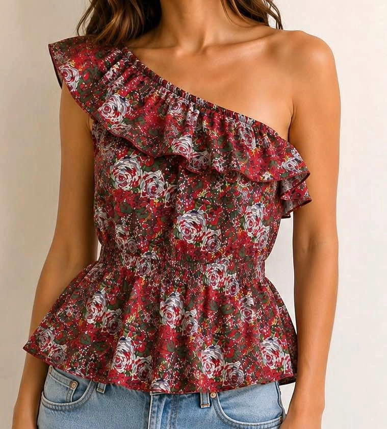 Women's One-Shoulder Floral Peplum Top Small