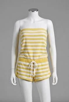 Yellow and white striped strapless romper Small