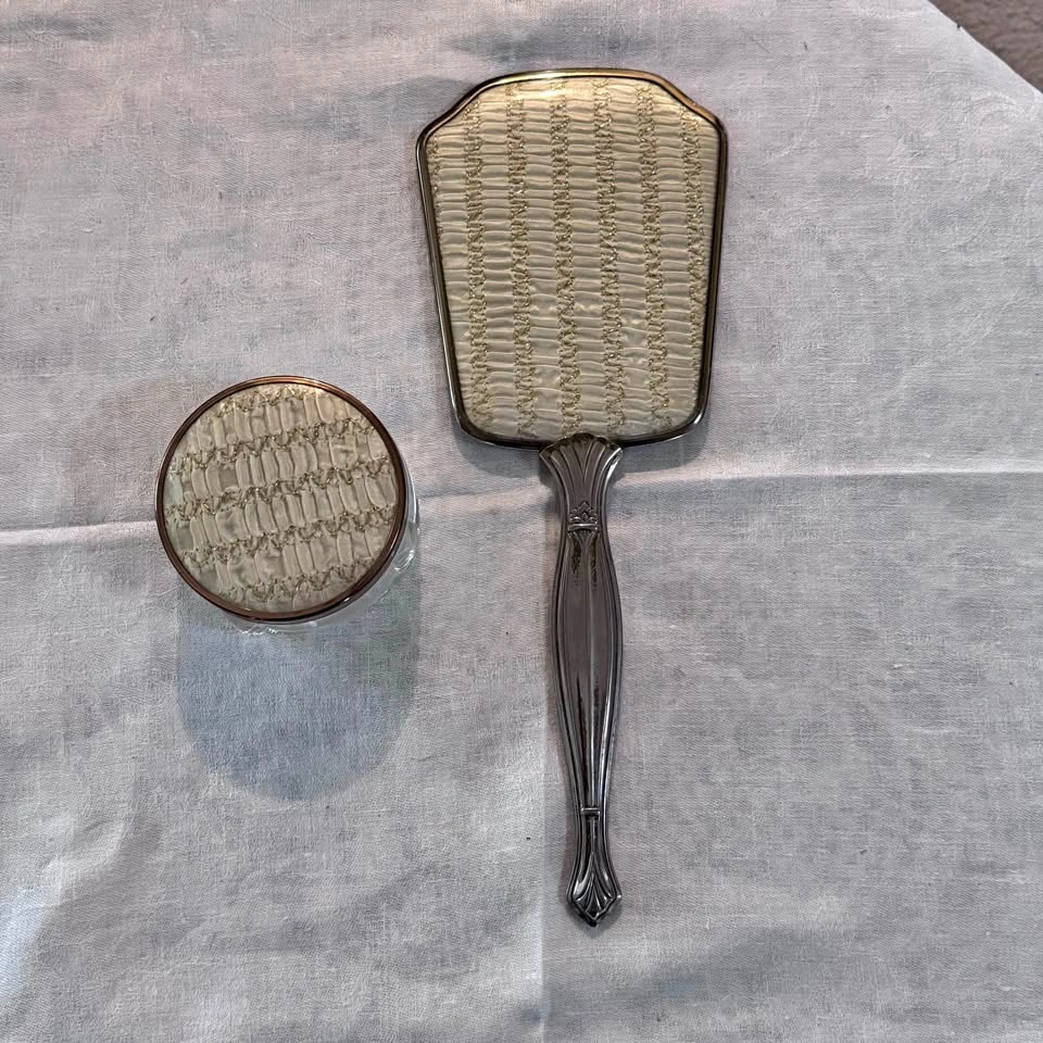 Vintage glass and satin vanity mirror and trinket jar