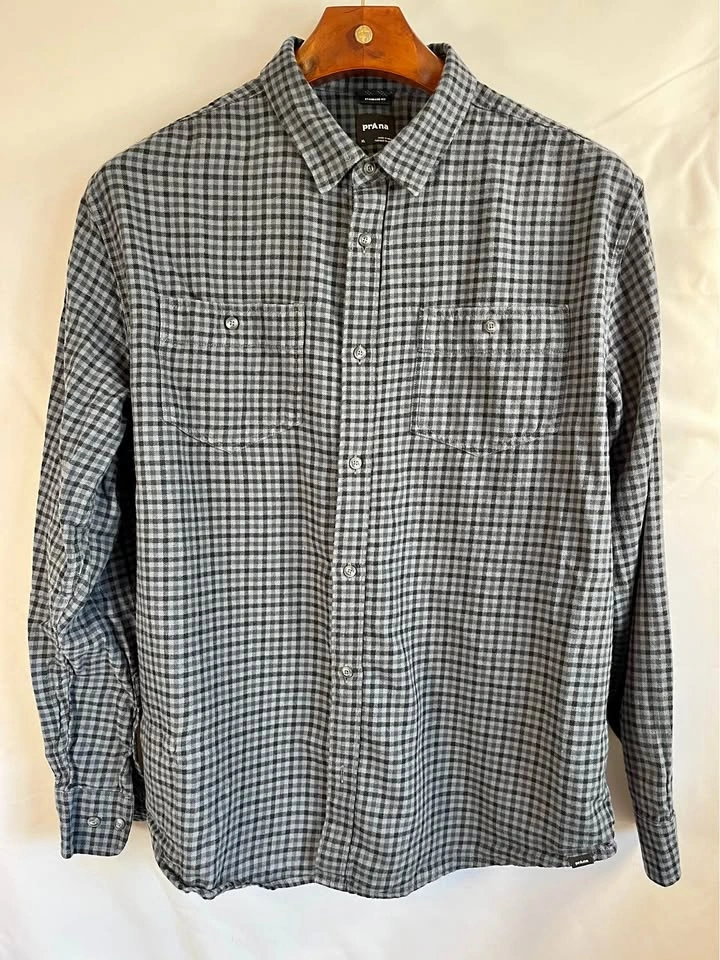 prAna XL Standard Fit Grey Black Gingham Flannel Travel Shirt