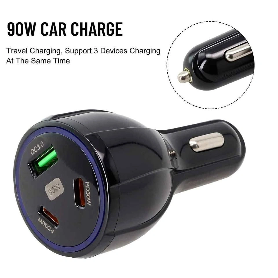 Car Charger 90W Superfast with one USB and two Type C Ports