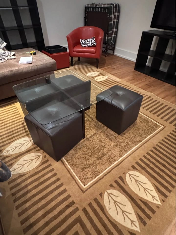Glass Coffee Table with Brown Ottomans - photo 2