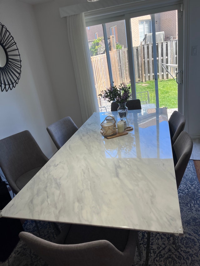 6-Person Dining Table with 6 Chairs — Marble Top, Metal Legs