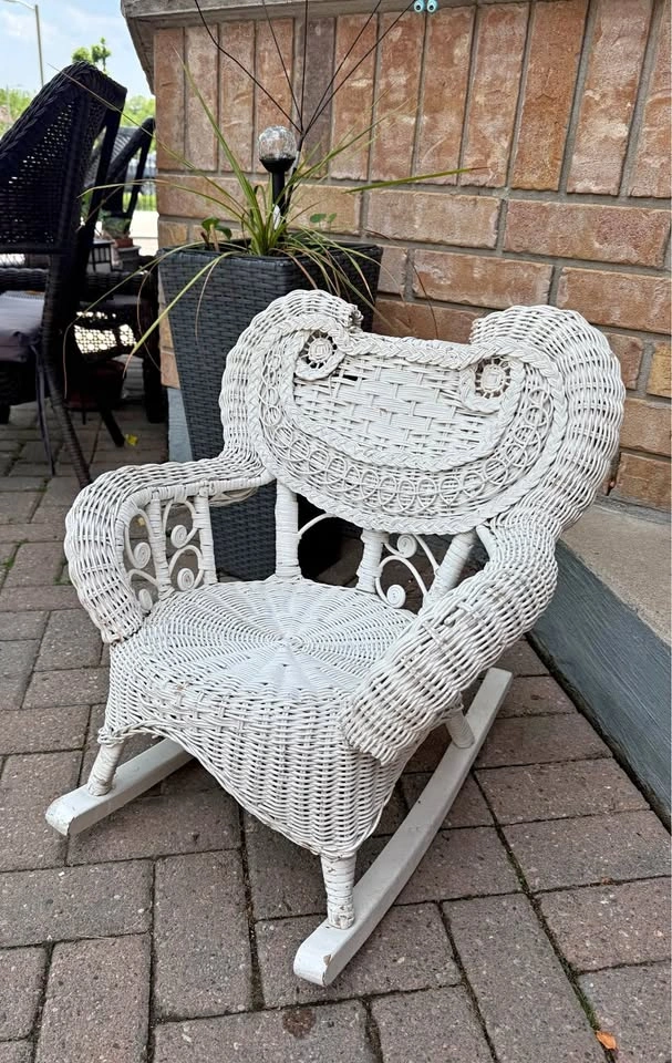Vintage White Wicker Child's Rocking Chair